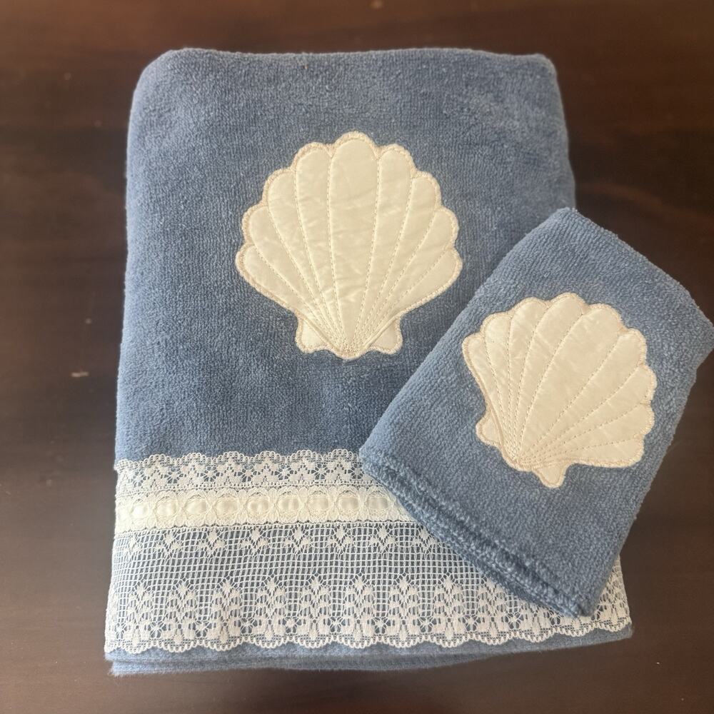 VTG Saturday Knight Bath Towel & Wash Rag Blue‎ Sea Shell Embellished Cotton US